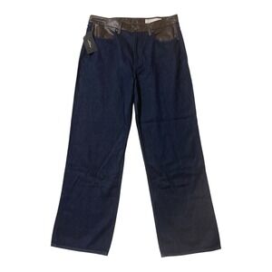 Rag & Bone Lori Wide Leg Jeans Size 32 Dark Rinse Indigo Brown Faux Leather Trim